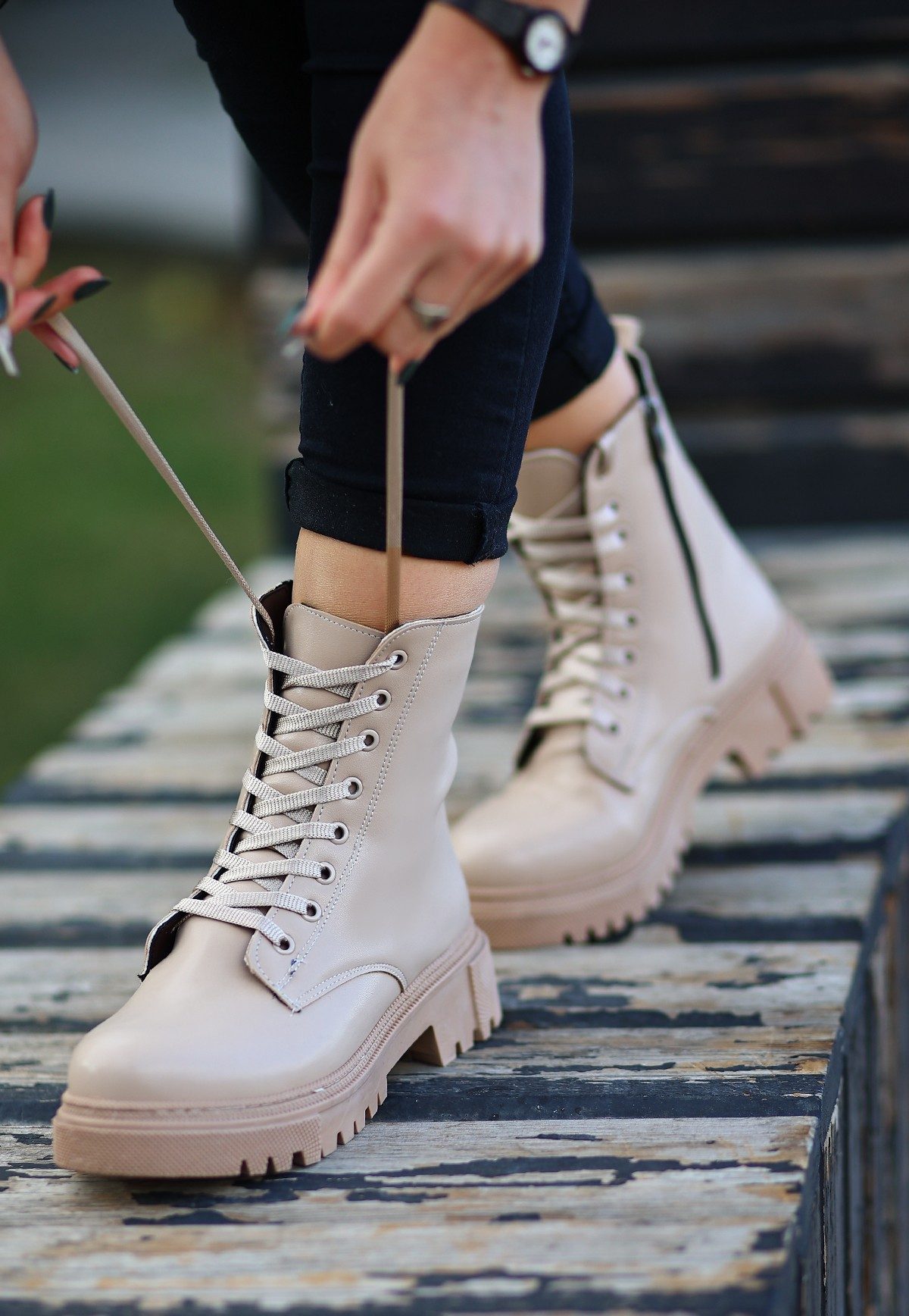 Nude Skin Lace-up Boots