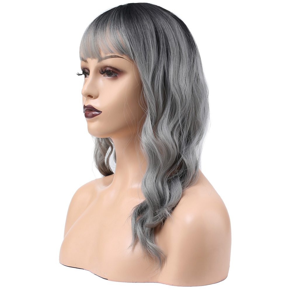 Wavy Short Custom Bangs Kanekalon Fiber Synthetic Wig / Black / Gray Ombré