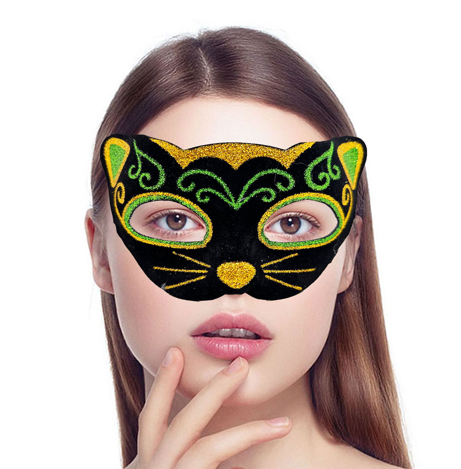 Black Velvet Covering with Yellow Green Glitter Embroidered Cat Mask 20x13 cm