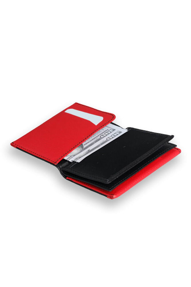 Black - Red Genuine Leather Card Holder with Dual Color Compartments