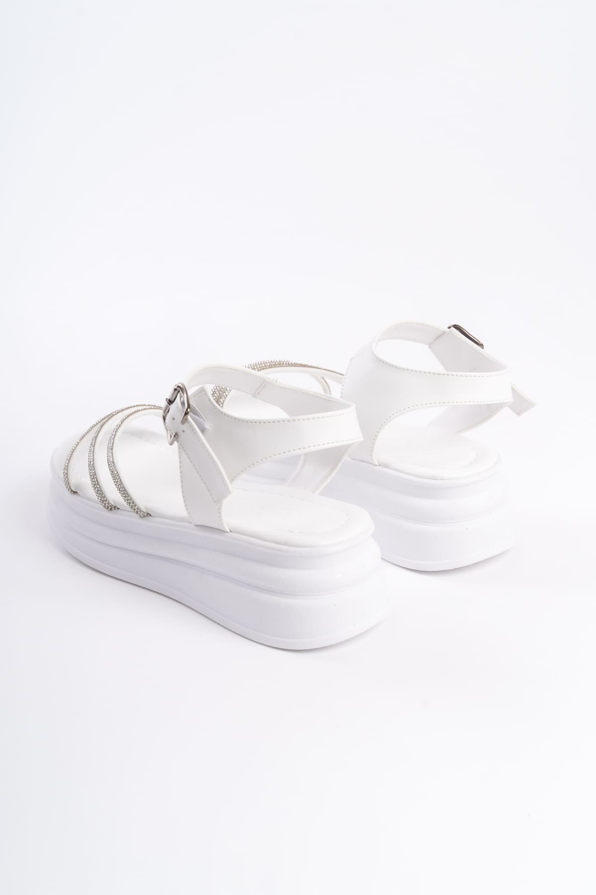 CLZ948 Thick Buckle Stony Stripe Orthopedic Sole Women's Sandals BT White