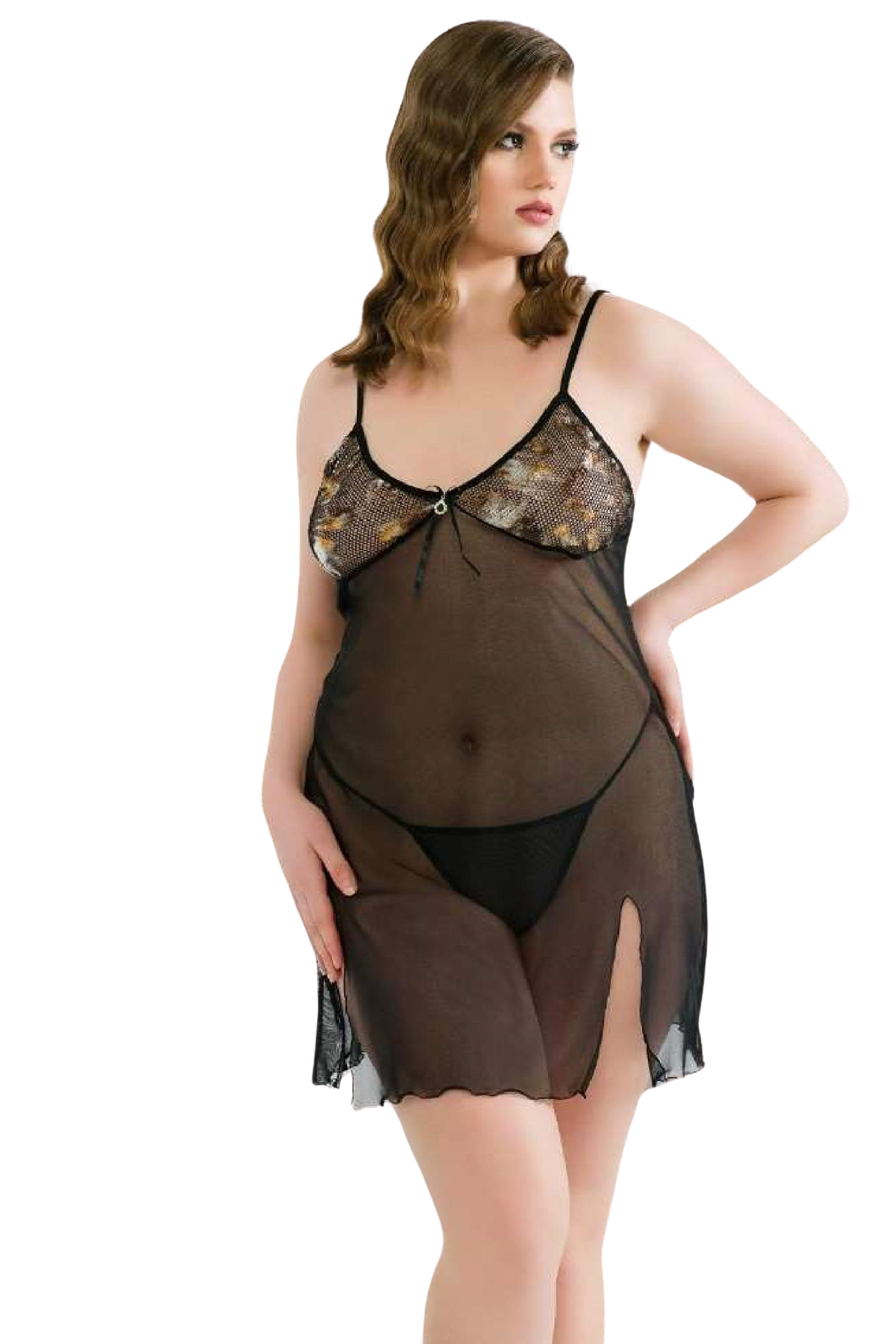 Women's Fancy Plus Size Tulle Nightgown Harness Erotic Outfit 5300 Black - Turk