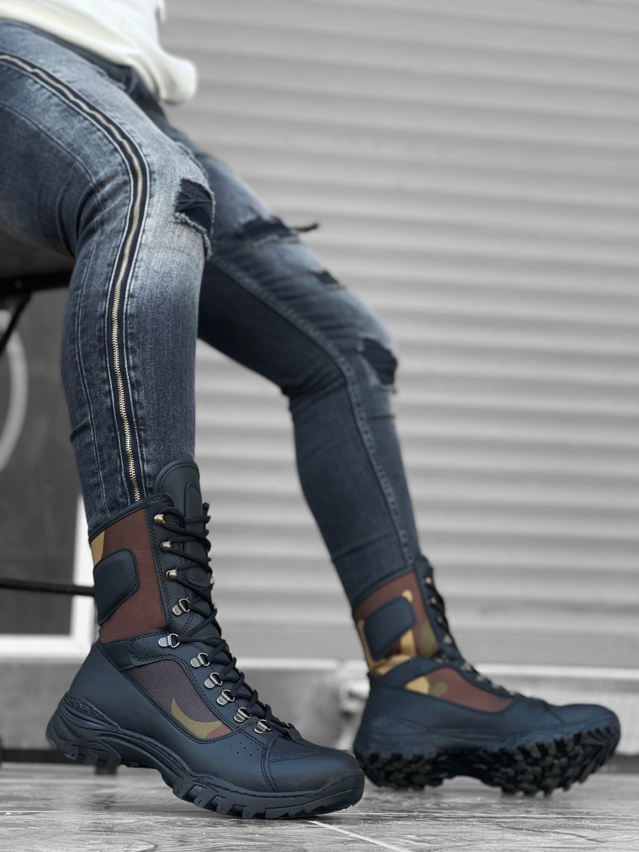 Lace-up Black Camouflage Military Boots