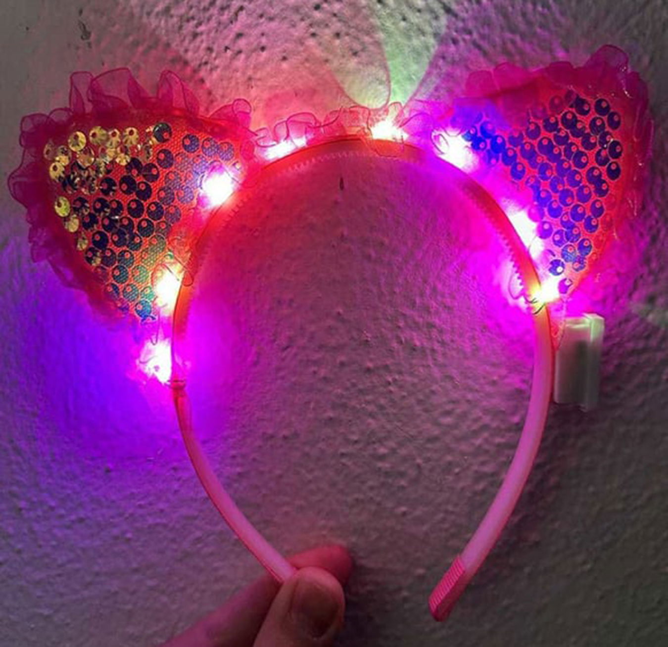 Fuchsia Sequin Sequined Led Lighted Cat Ear Crown with Lace Edges 17x19 cm