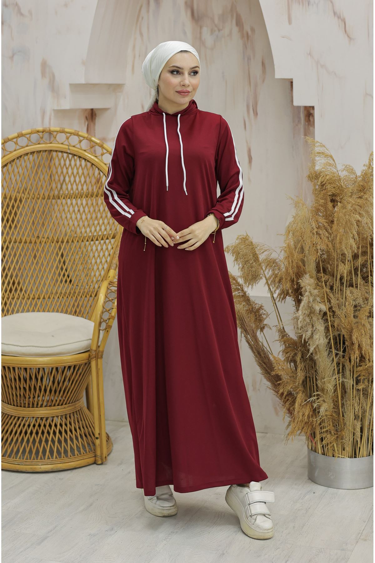 Hooded Stripe Detailed Dress Burgundy