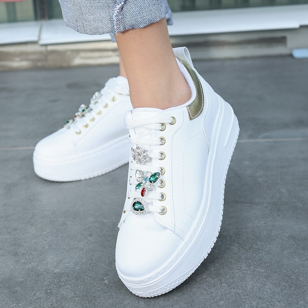 White Skin Stone Lace-Up Sneakers