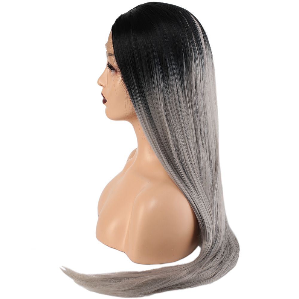 Kanekalon Fiber Synthetic Straight Long Tulle Wig / Black Gray Ombré