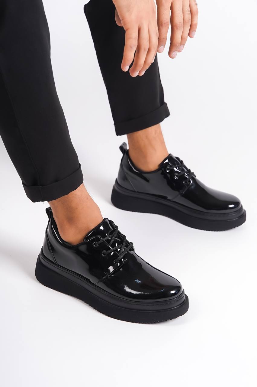 Black Patent Leather Black Sole Lace-up Casual Men's Shoes