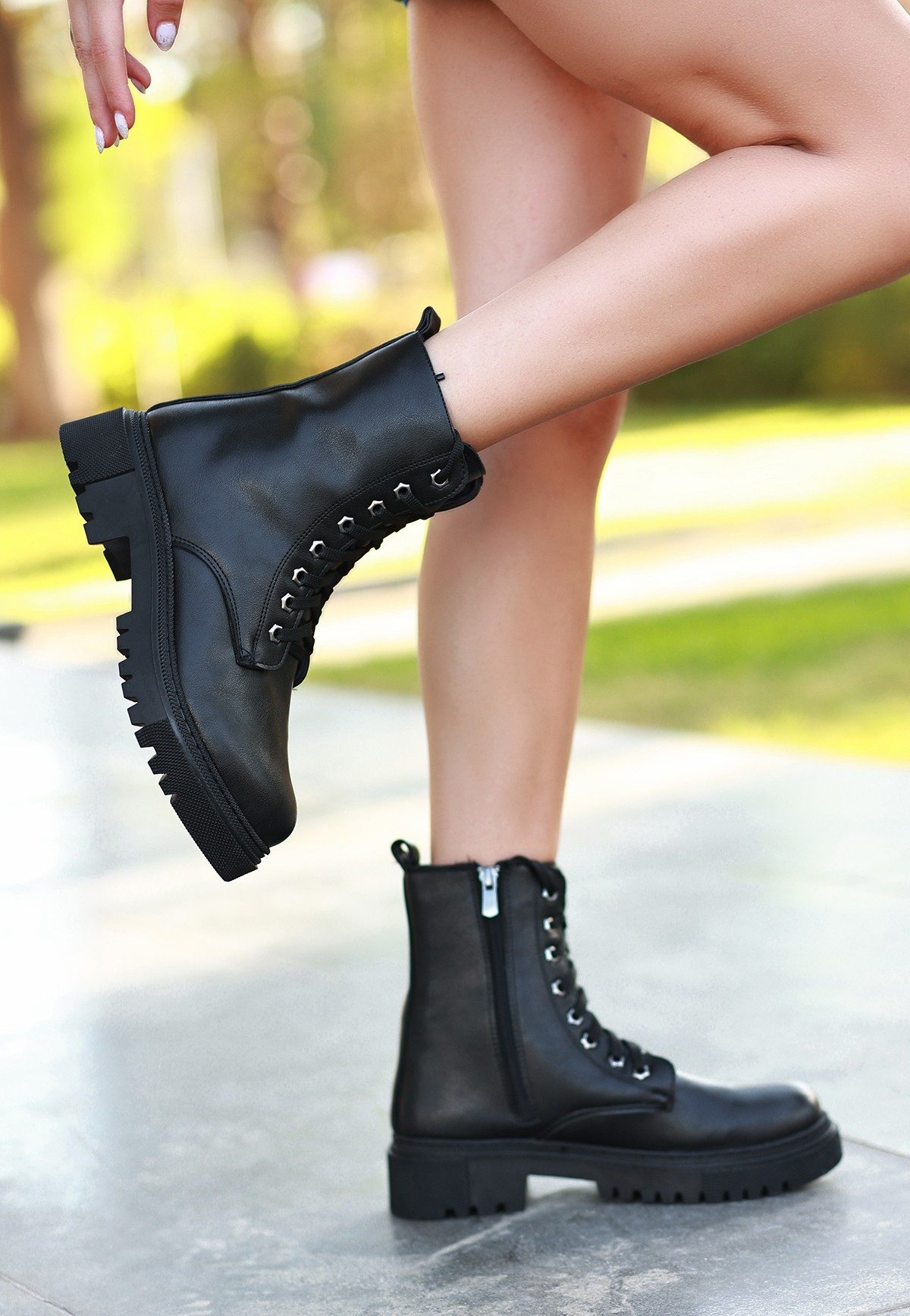 Black Skin Lace-up Boots