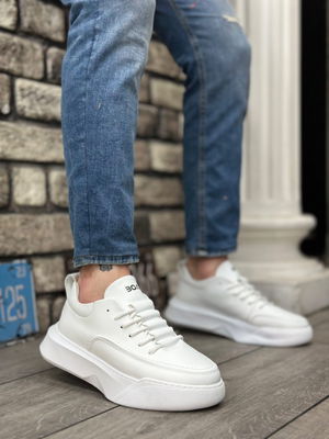 Ladder Pattern Lace-up Men's High Sole White Skin Sneakers