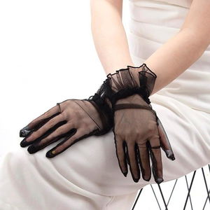 Short Length Lycra Guipure Adult Tulle Gloves Black Color