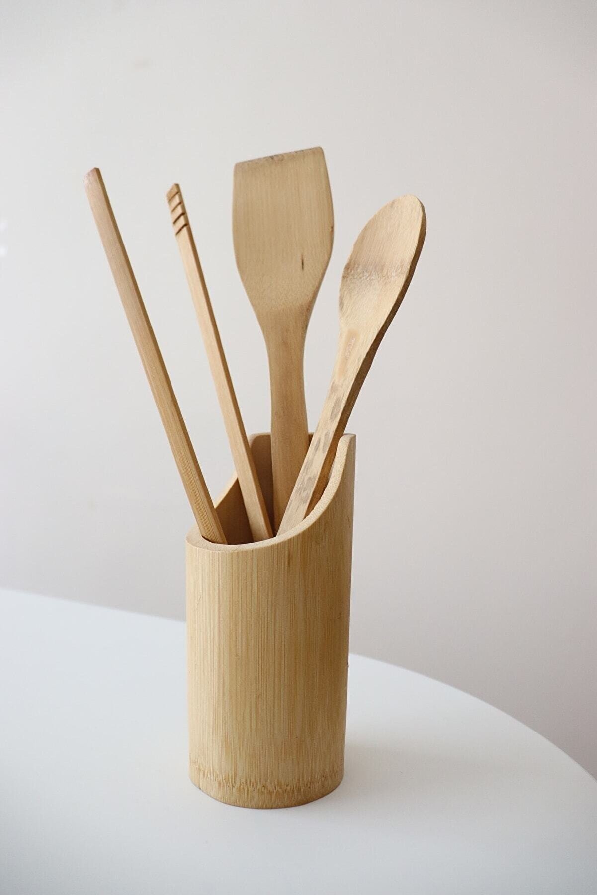 Bamboo Spoon Set with Stand 4 Piece - Tongs - Spoon - Spatula