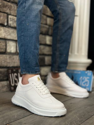 Thick High Sole White Lace-Up Sneakers For Men