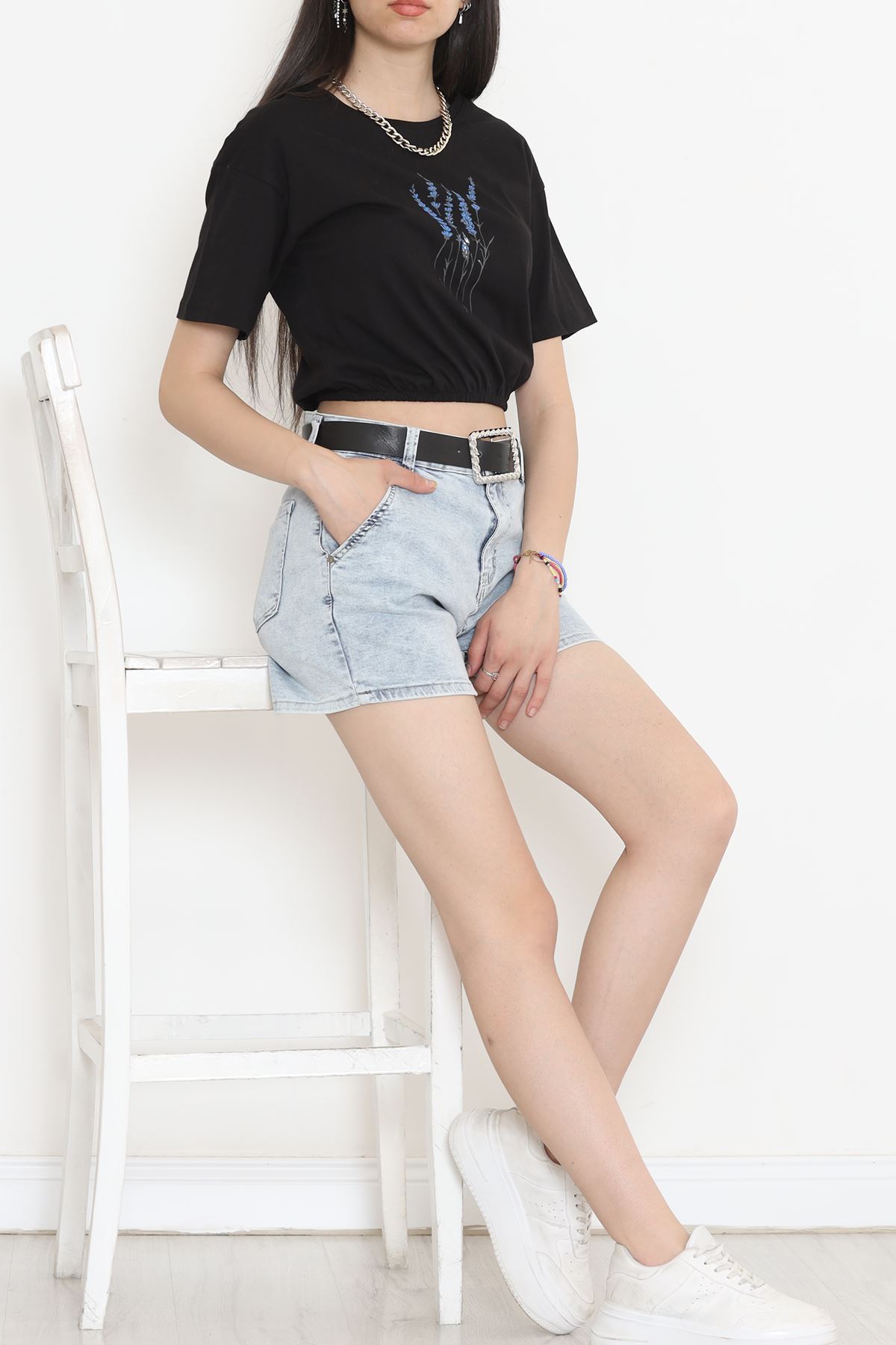 Printed Waist Elastic T-Shirt Black