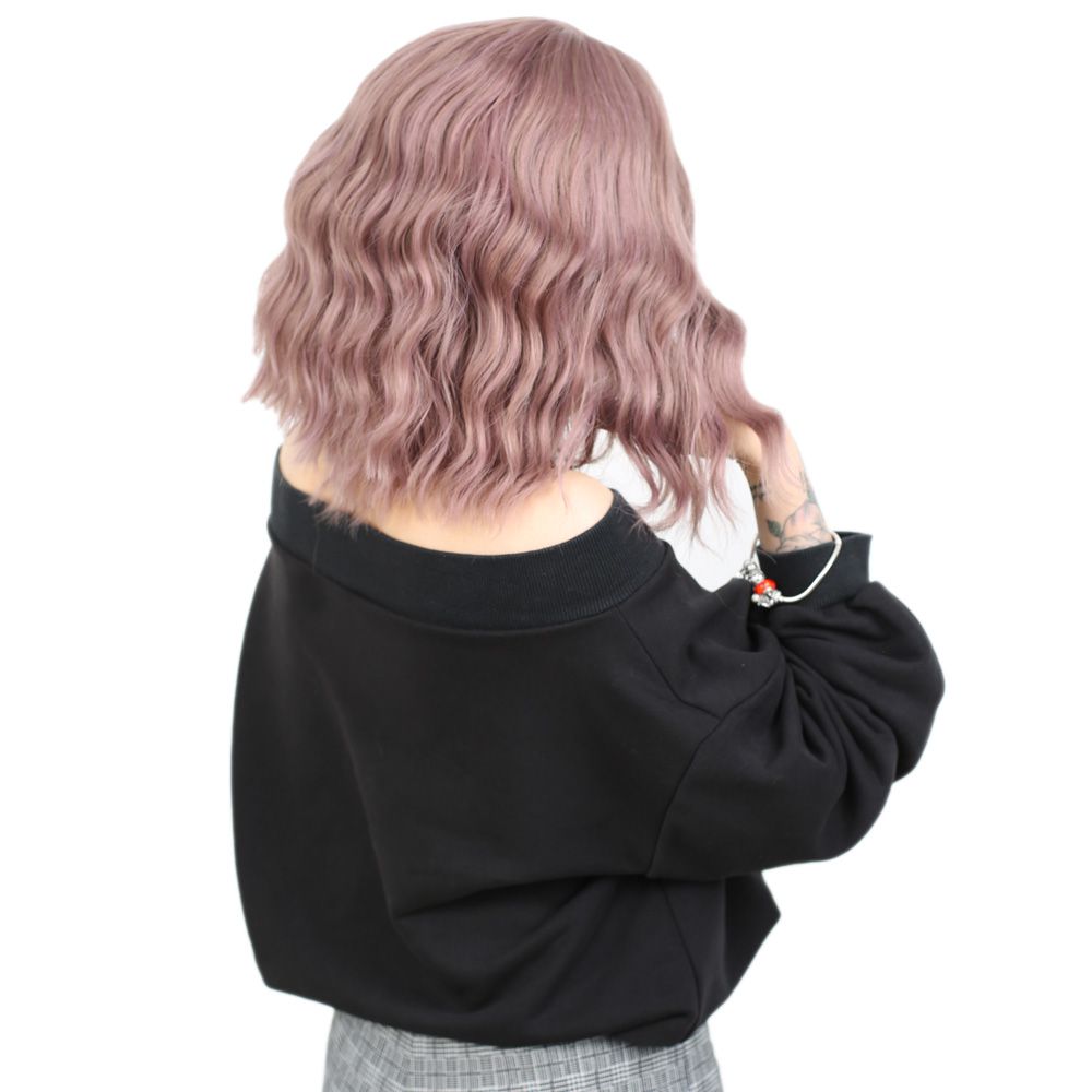 Kanekalon Fiber Synthetic Short Wavy Wig with Bangs / Rose Dry