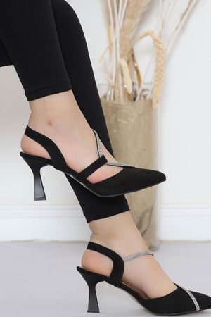 Stone Detail 7 Cm Heeled Shoes Suede Black