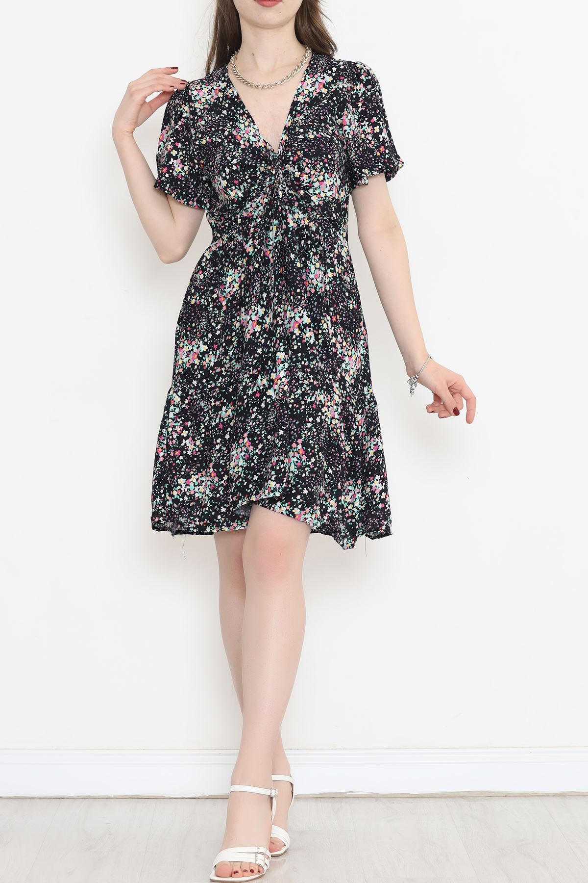 Shirred Front Dress Navy Blue