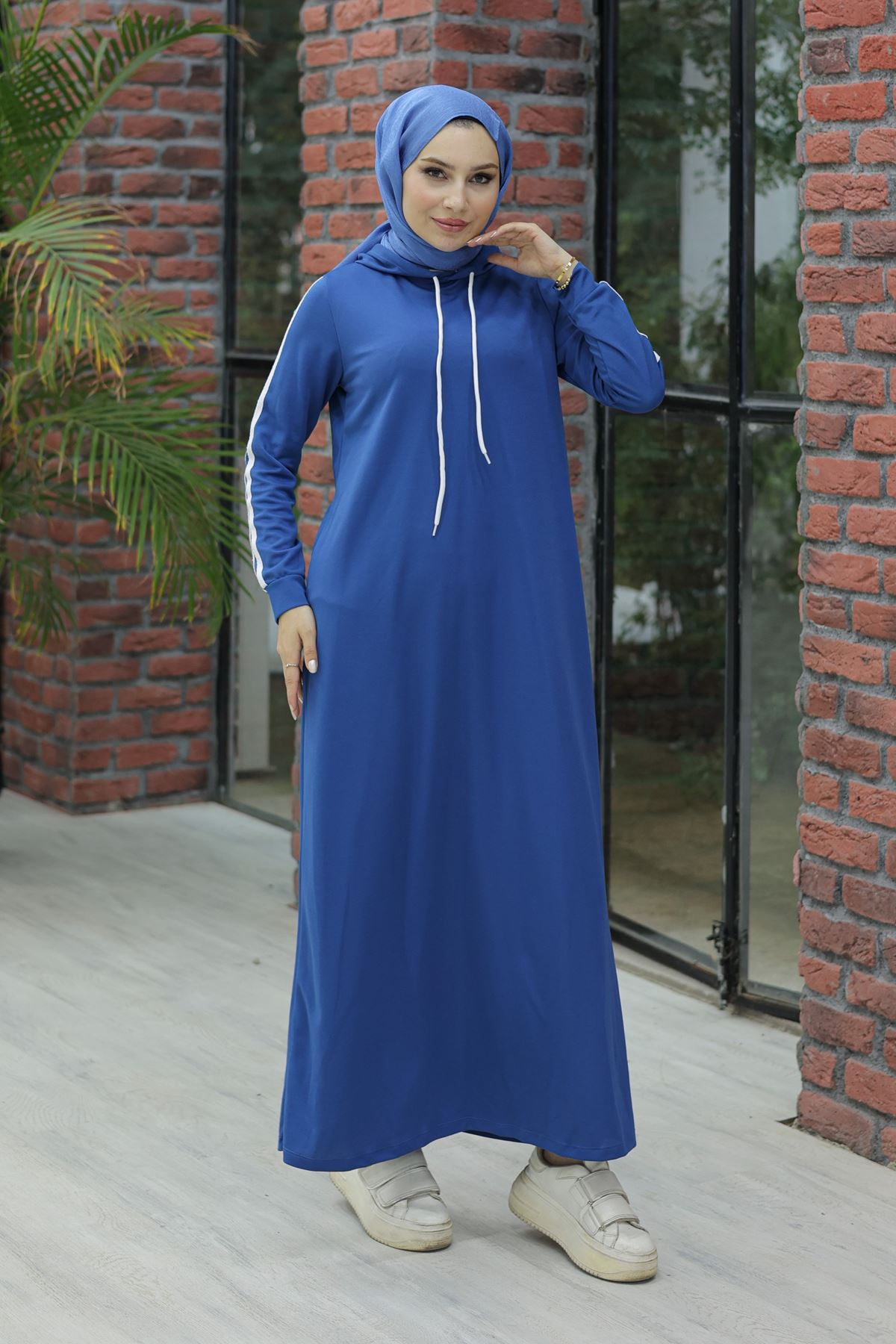 Hooded Stripe Detailed Dress Indigo