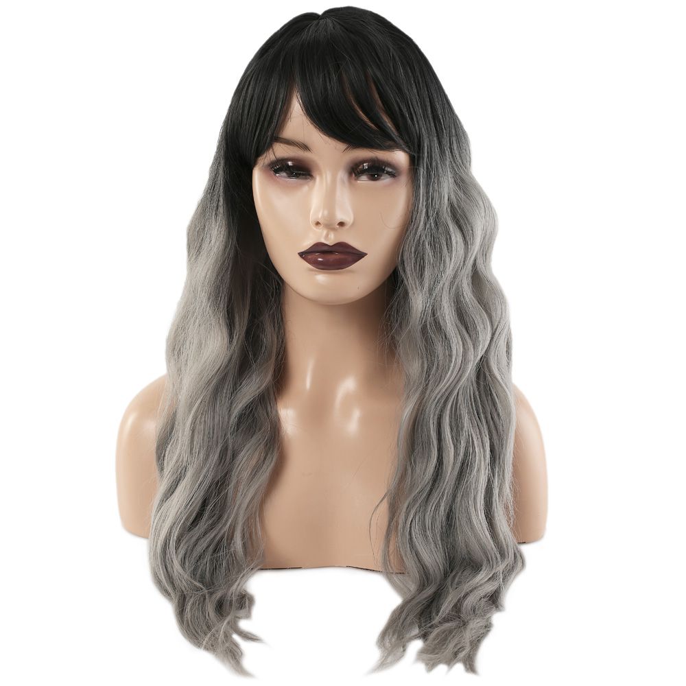 Kanekalon Fiber Synthetic Wig / Black / Gray Ombré with Long Water Wavy Look with Custom Bangs