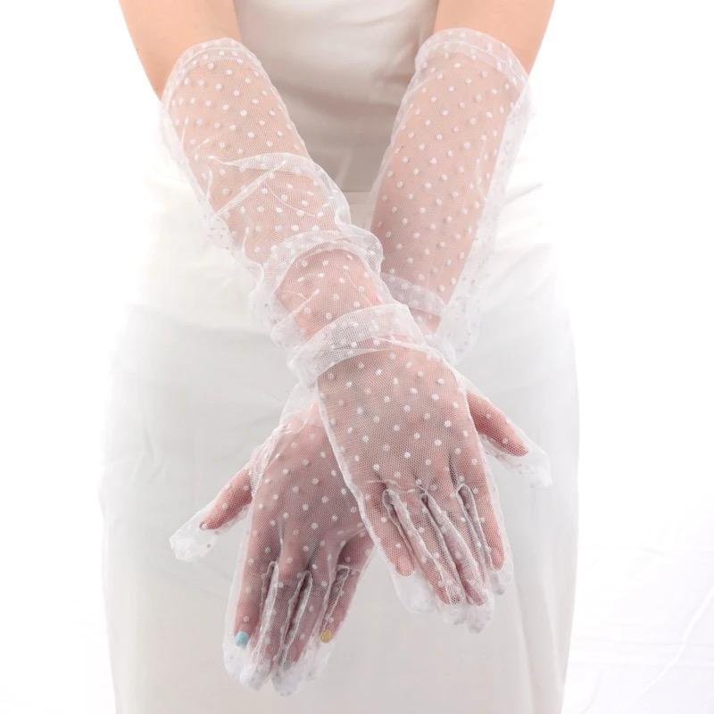 Long Length White Polka Dotted White Color Adult Tulle Gloves 55 cm