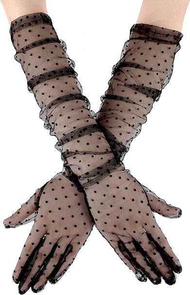 Long Length Black Polka Dotted Black Color Adult Tulle Gloves 55 cm