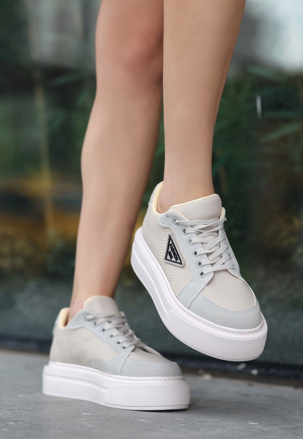 Beige Skin Lace-Up Sneakers