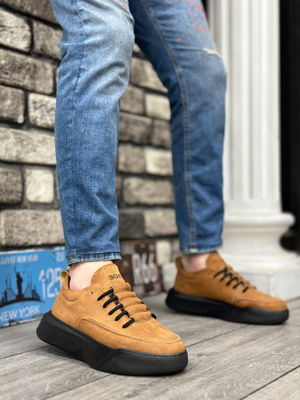 Ladder Pattern Lace-Up Men's High-top Taba Suede Black Sole Sneakers