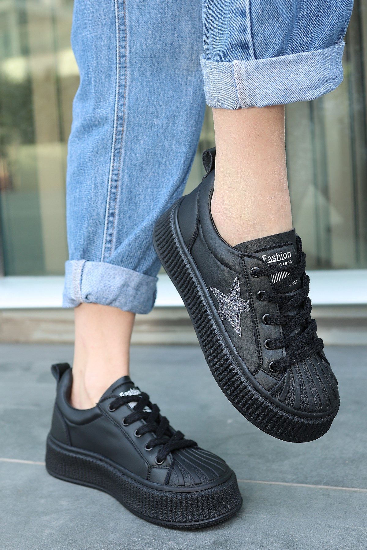 Black Skin Lace-Up Sneakers