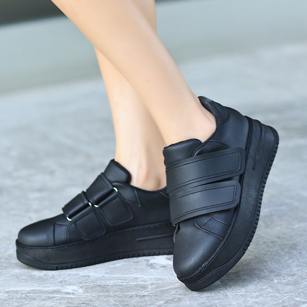 Black Skin Velcro Sneakers