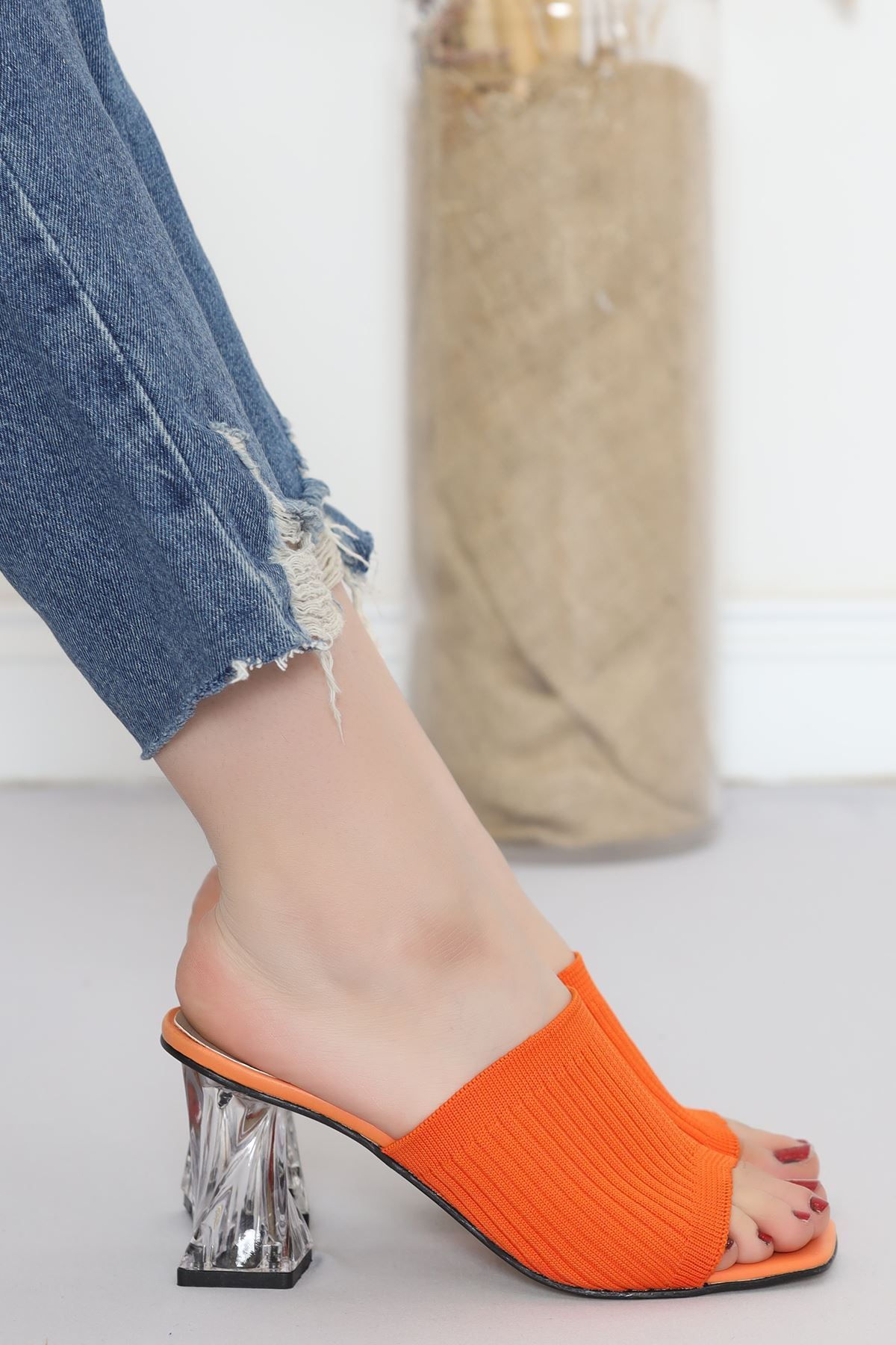 7 Cm Glass Heeled Slippers Orange