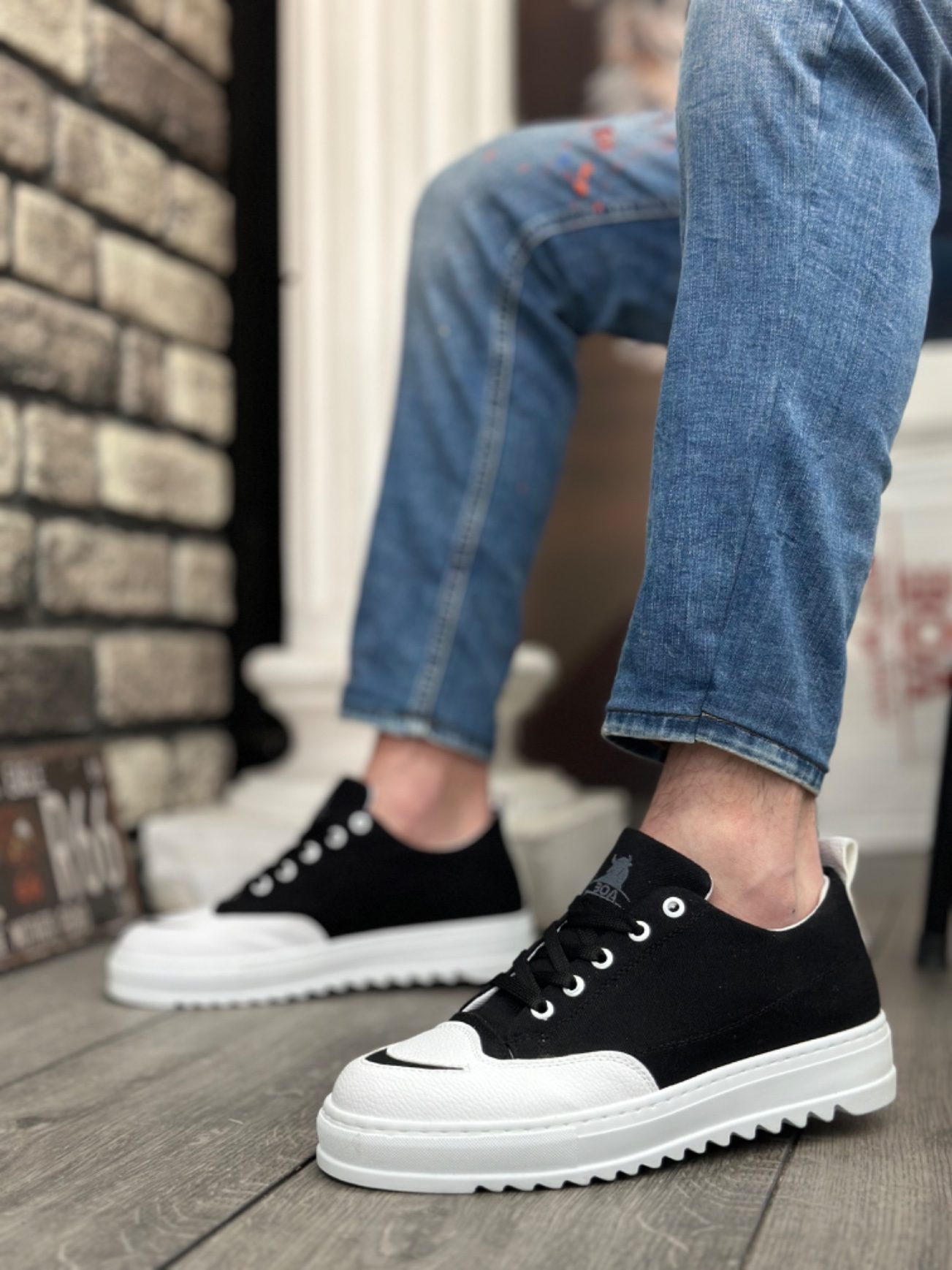 Thick High Sole Smile Patterned Black and White Sneakers for Men