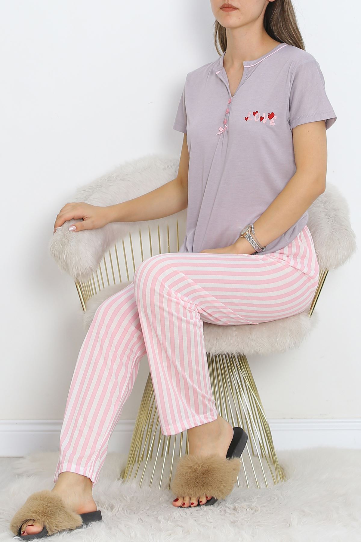 Pear Collar Short Sleeve Pajama Set with Intermediate Piping Pink