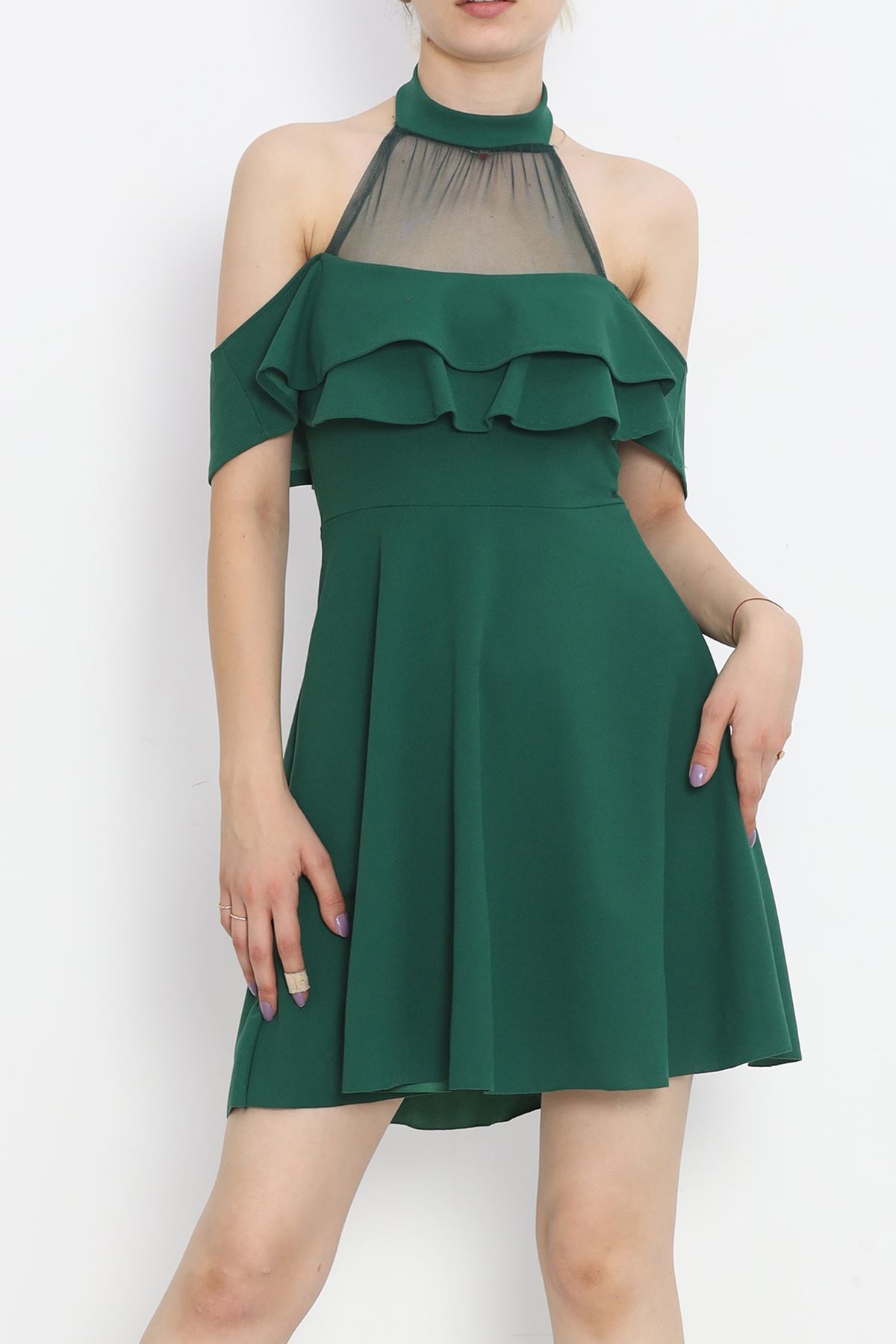 Tulle Collar Ruffle Dress Dark Green