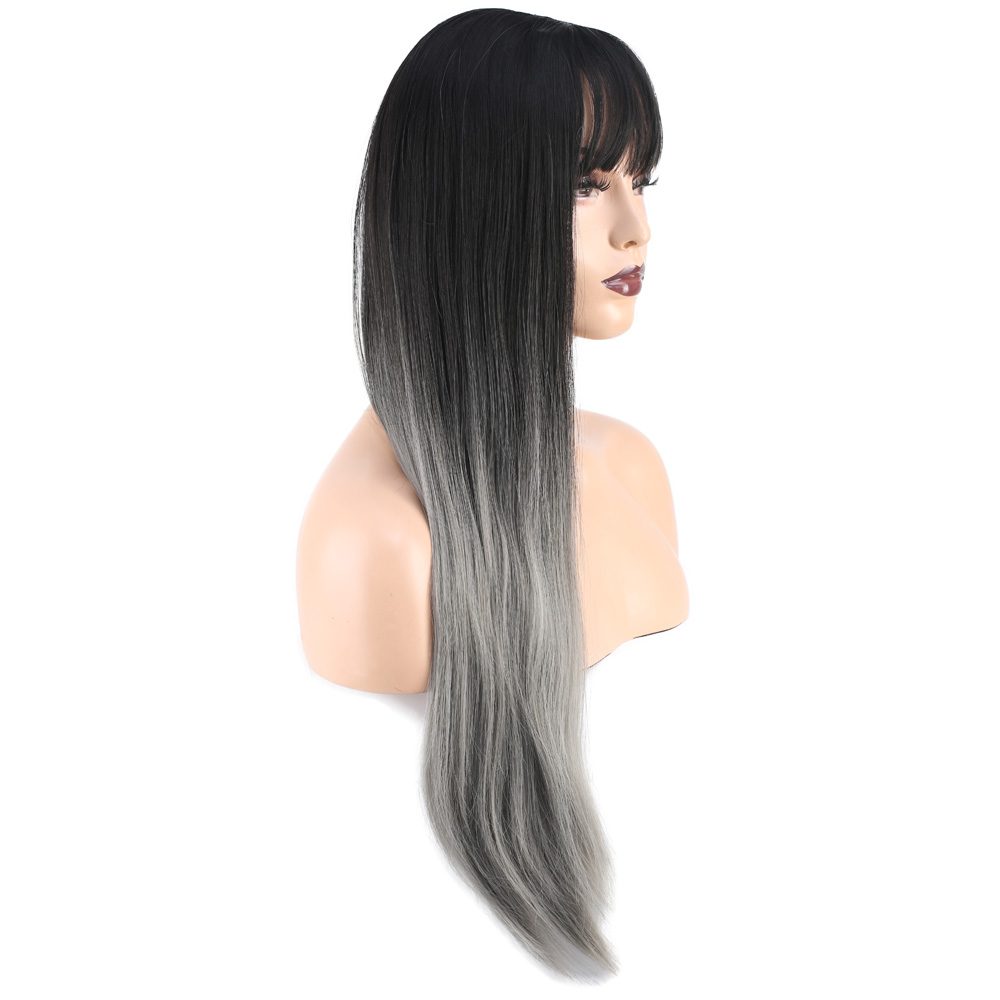 Long Kanekalon Fiber Synthetic Wig with Straight Custom Bangs / Black / Gray Ombré