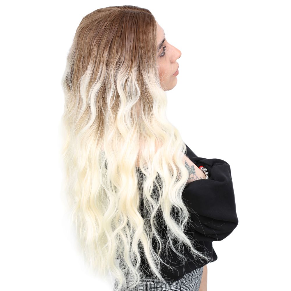 Kanekalon Fiber Synthetic Wig / Auburn / Platinum Ombré with Water Wavy Look and Long Bangs