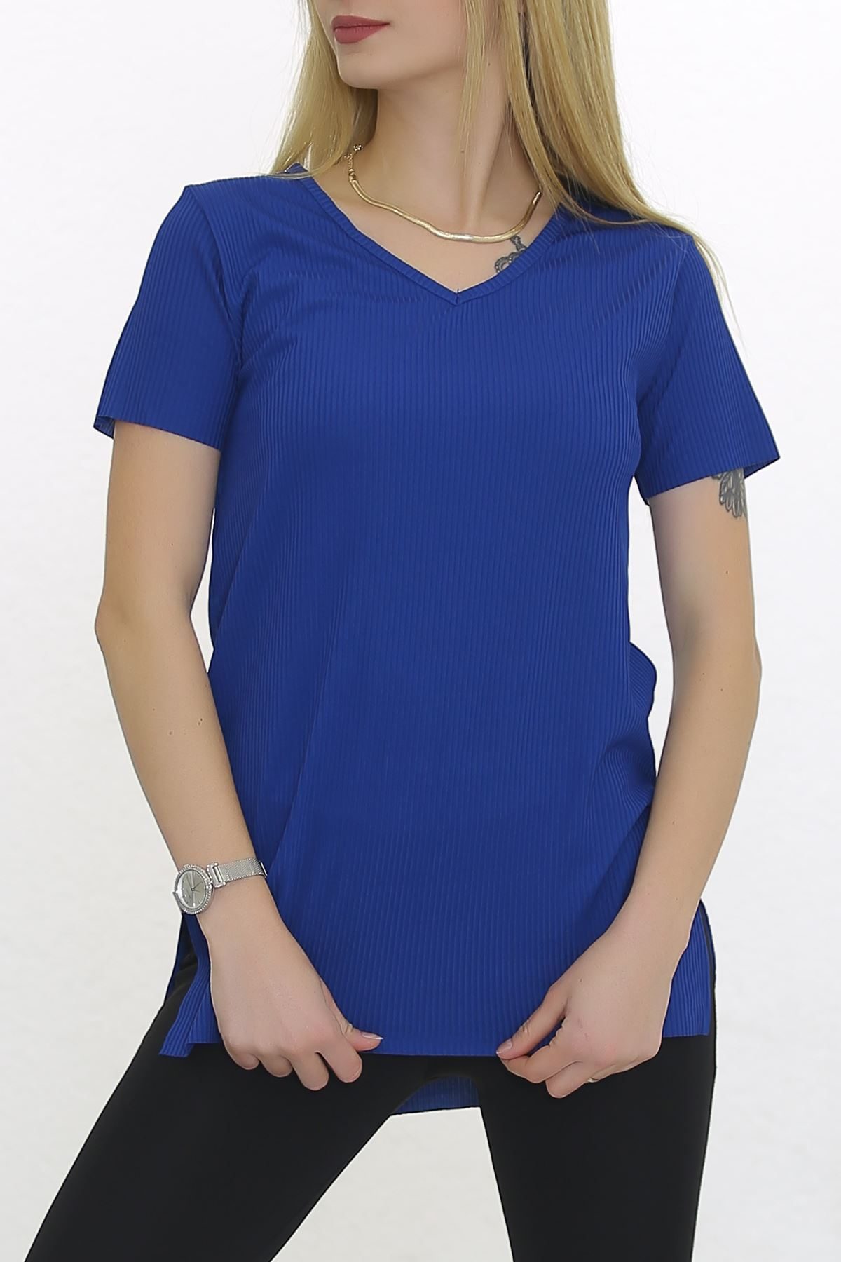 V-Neck T-Shirt with Slits Saks