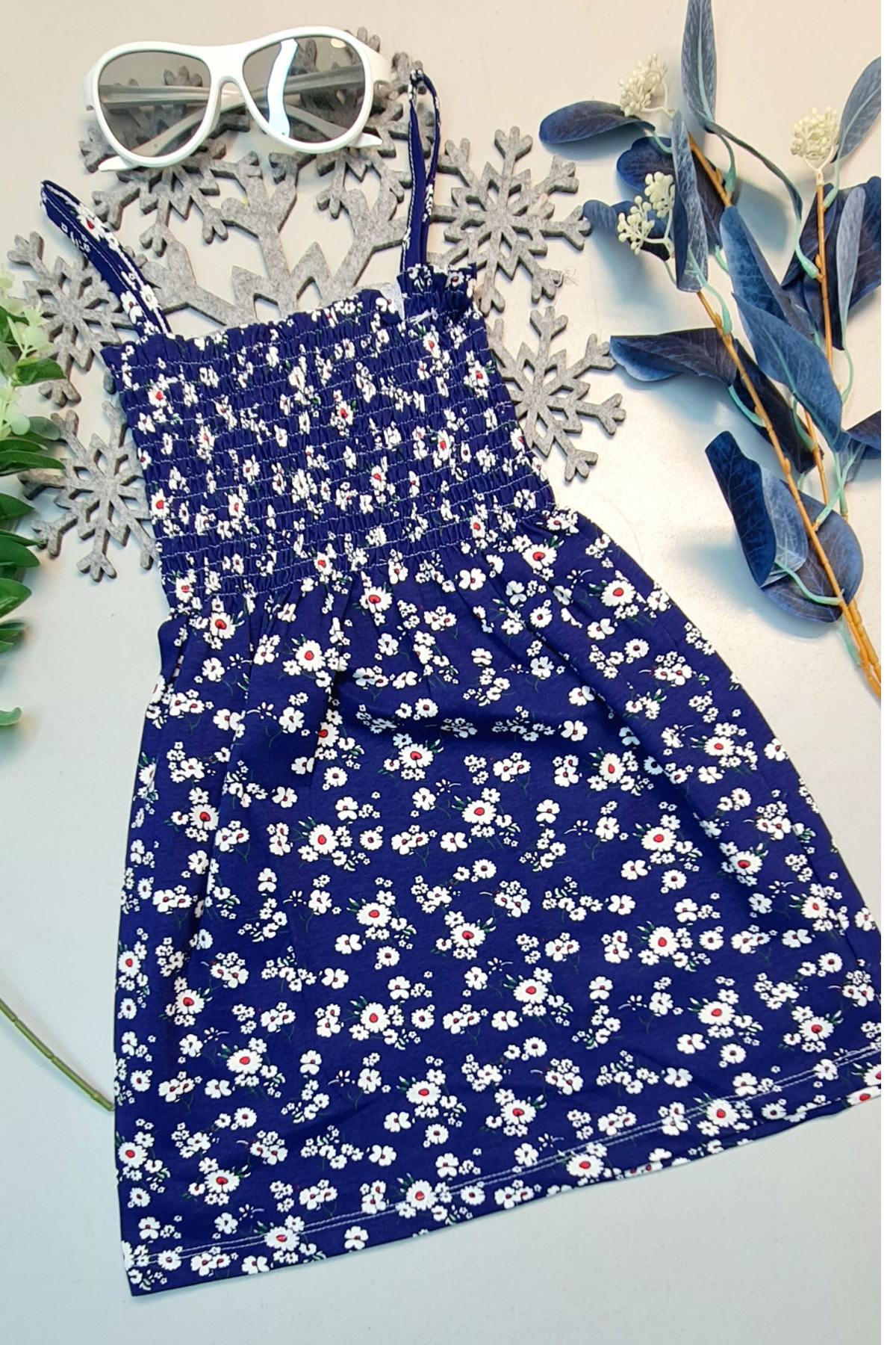 Summer String Straps Girl's Dress Navy Blue Daisy Patterned