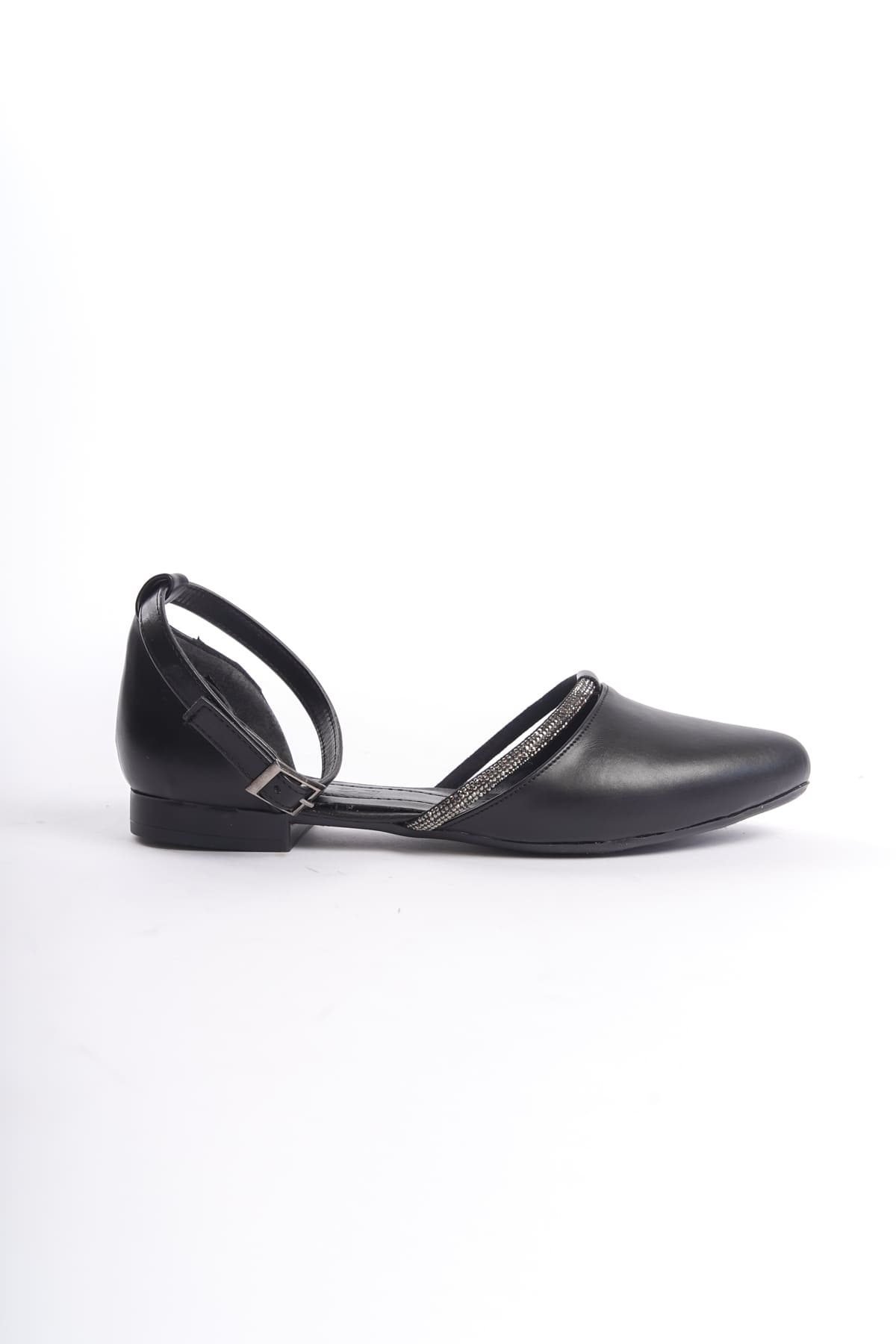 CLZ948 Buckle Orthopedic Comfortable Sole Stone Detailed Women's Babet Shoes ST Black