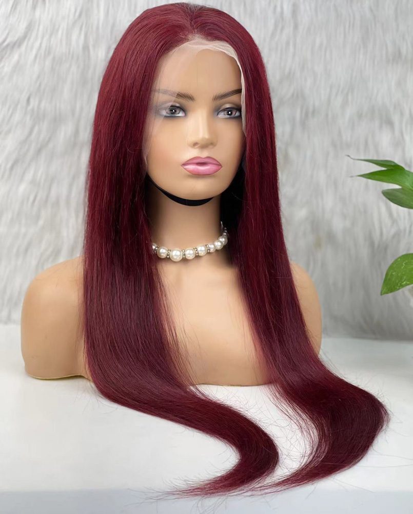 Real Hair Front Lace Tulle Wig / Straight / Dark Red 70/75cm