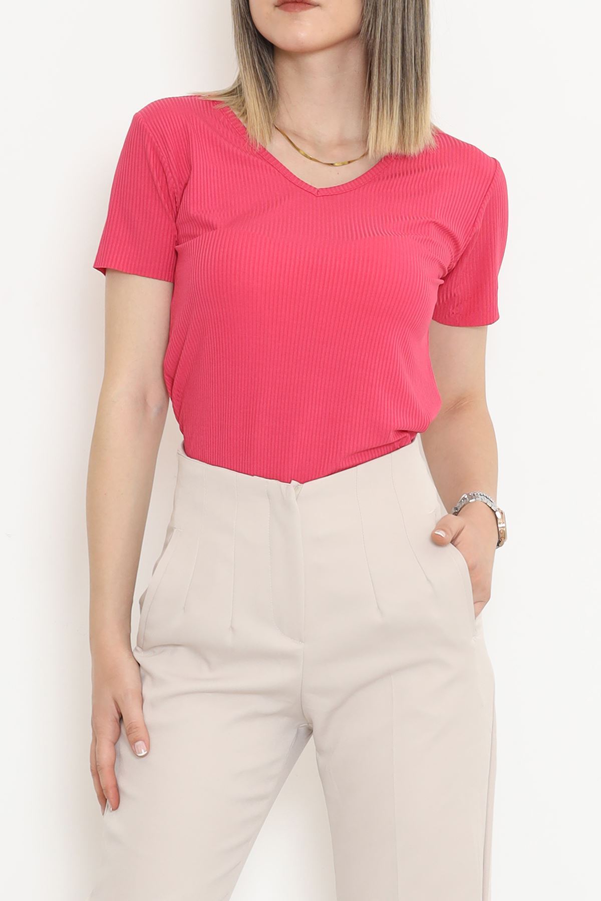 V-Neck T-Shirt with Slits Fuchsia