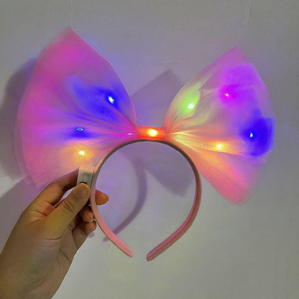 Colorful Led Lighted Bow Shaped Tulle Party Crown Pink Color 25x25 cm