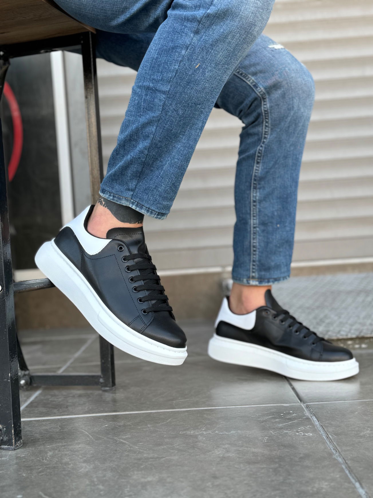 Thick High Sole Black and White Parts Detail Lace-Up Sneakers for Men