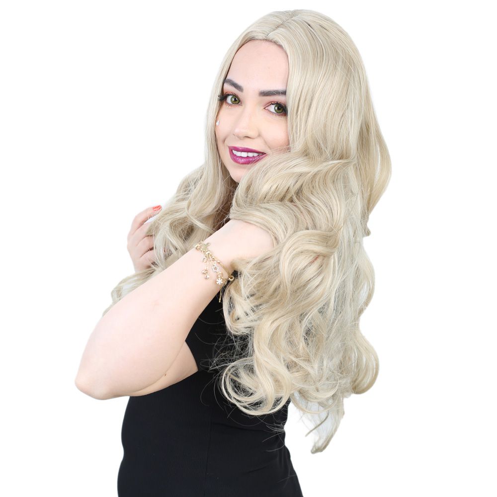 Super Dense Wavy Kanekalon Fiber Synthetic Long Bangs Wig / Balkan Hair / Platinum Highlights