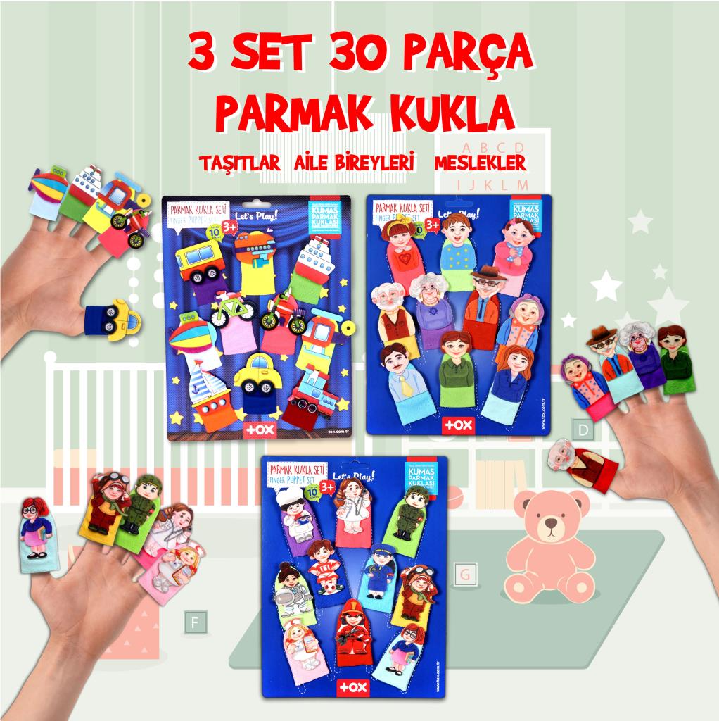 3 Set - 30 Pieces Vehicles, Family Members and Professions Finger Puppet