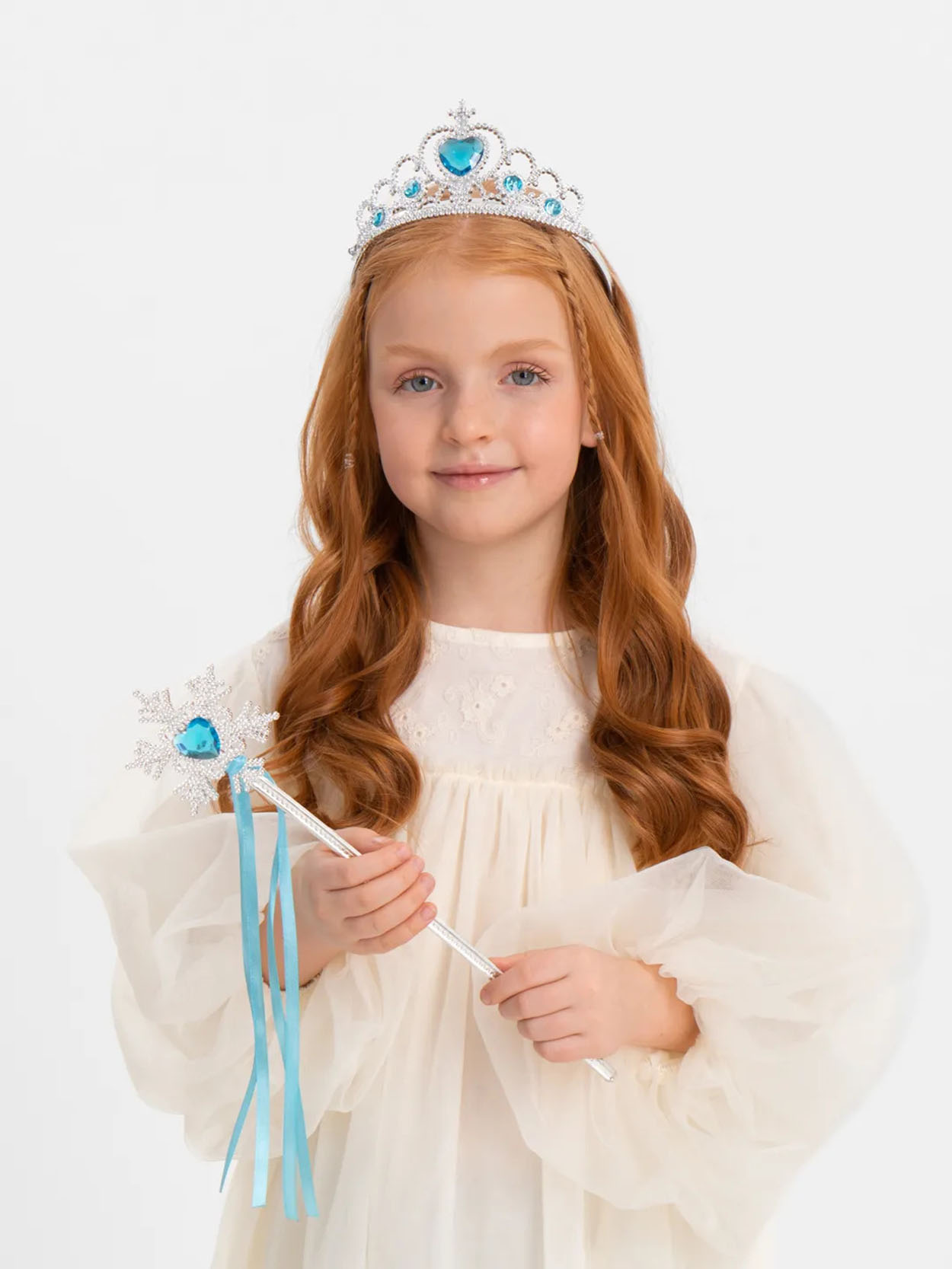 Frozen Elsa Blue Heart Crown and Snow Themed Wand Set