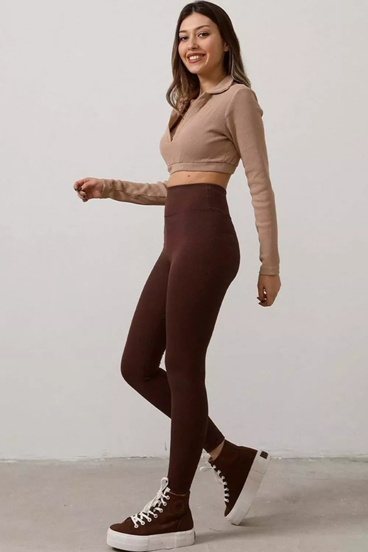 Brown High Waist Ribbed Women's Leggings Summer 2001