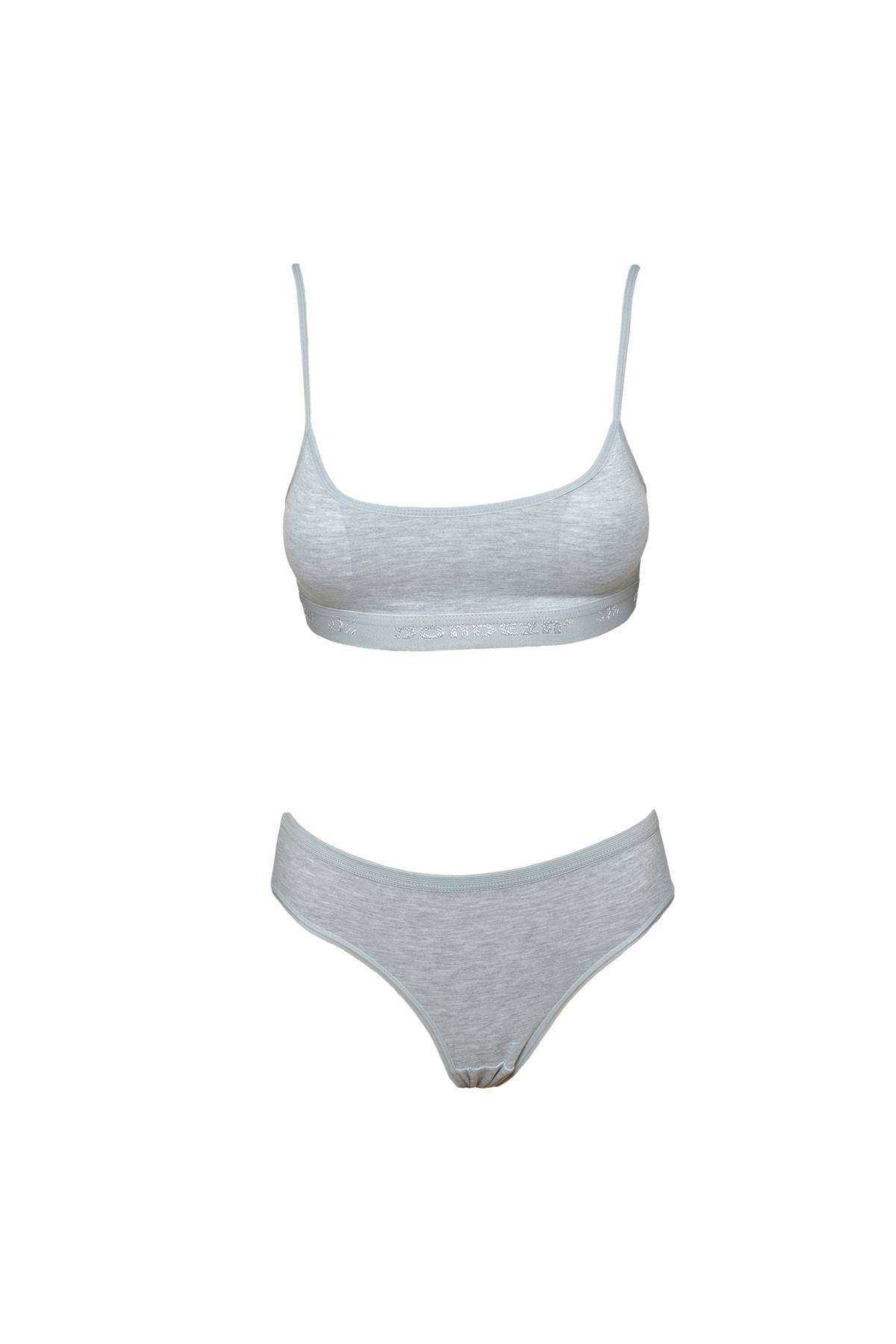 Padded Rope Straps Half Tank Top Bustier Panty Set Gray