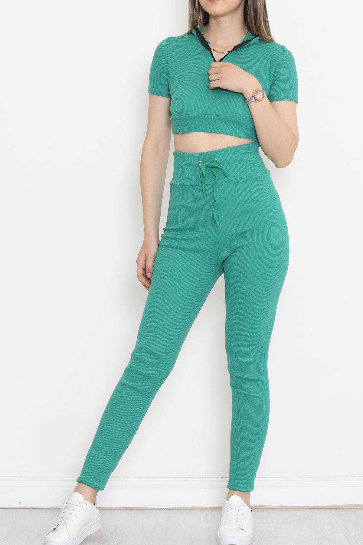 Camisole Zippered Short Sleeve Suit Green