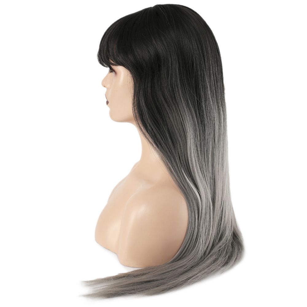 Kanekalon Fiber Synthetic Long Straight Bangs Wig / Black Gray Ombré