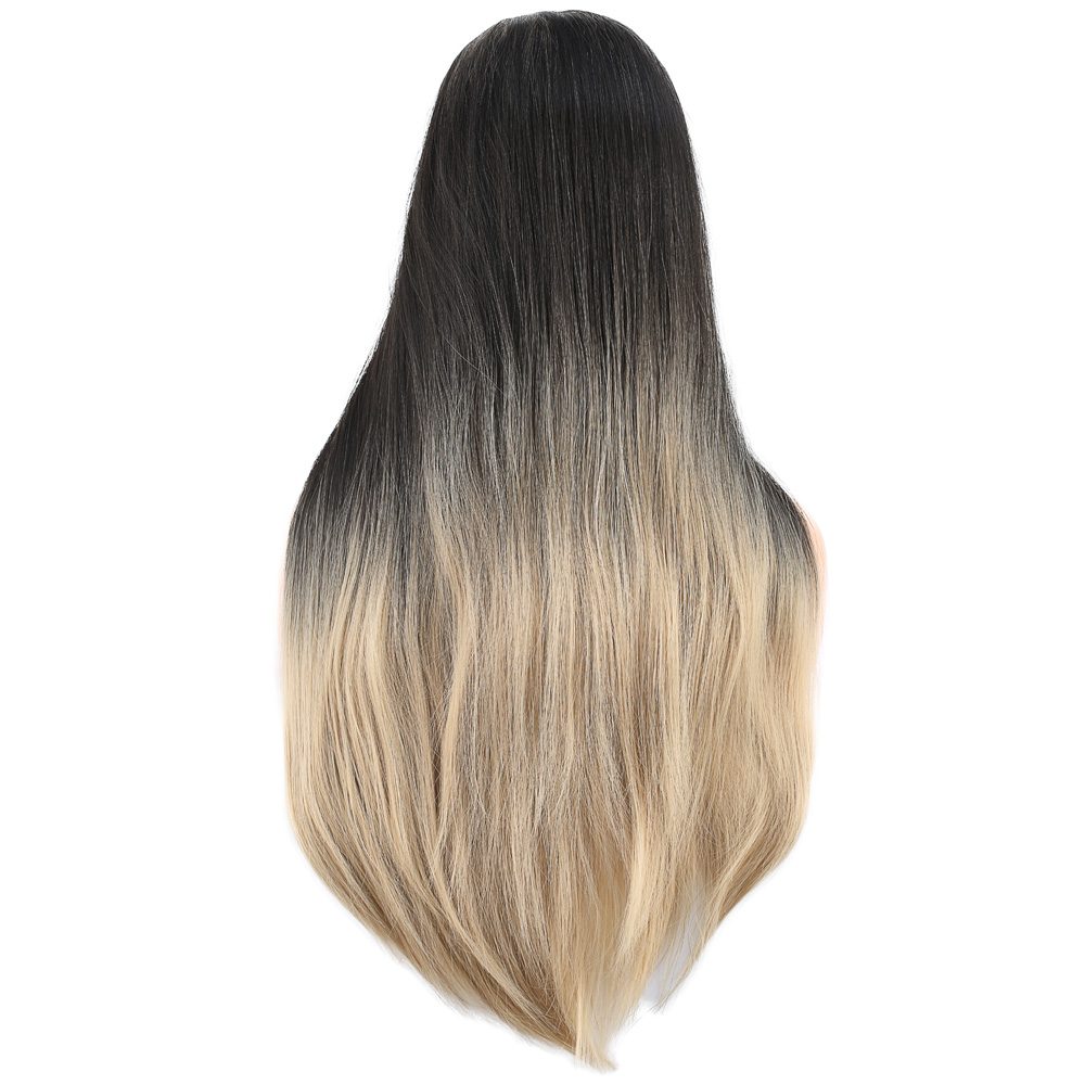 Long Kanekalon Fiber Synthetic Wig with Straight Custom Bangs / Ashy Black / Wig Ombré